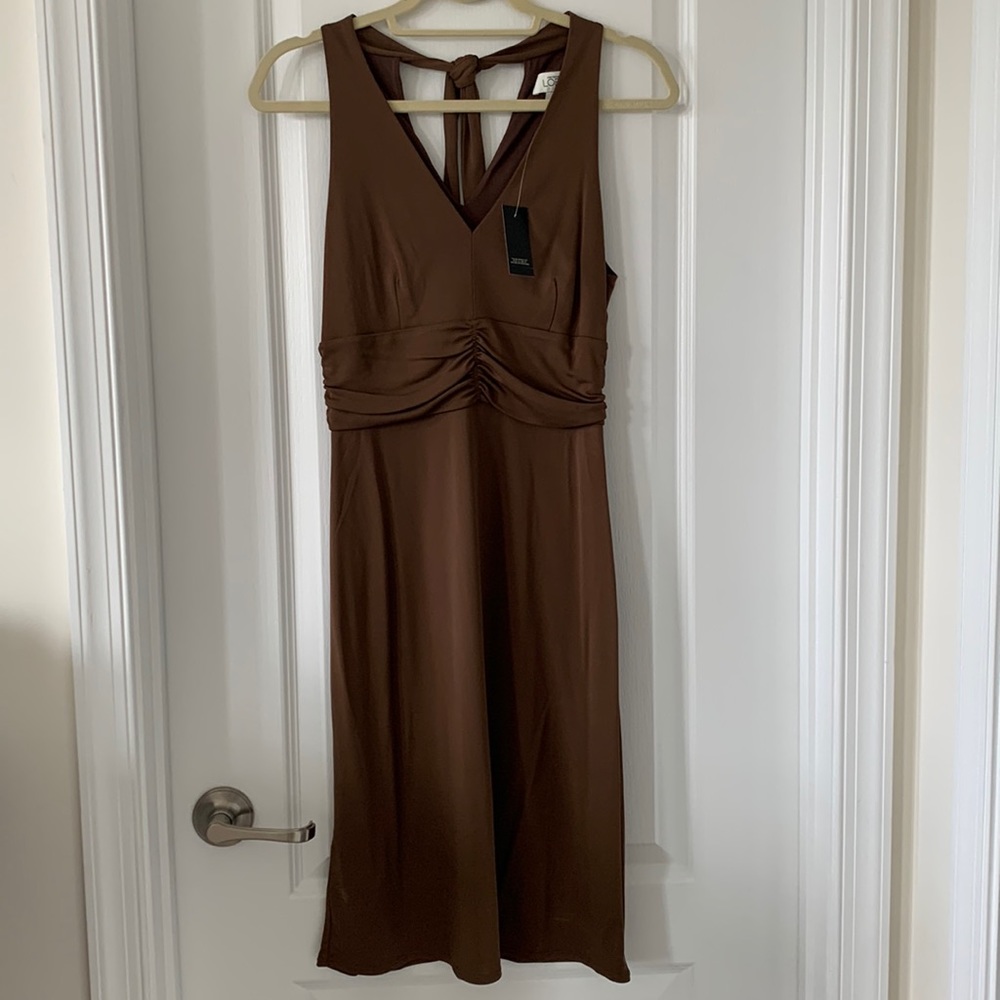 NWT LOFT Brown V-Neck Tie-Back Sleeveless Midi Dress Size 2